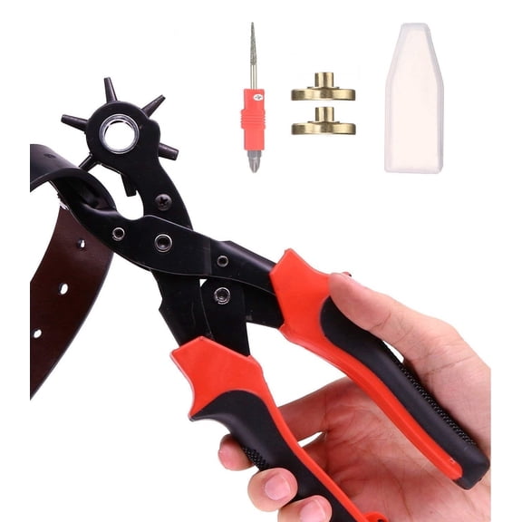 Revolving Punch Plier Hole Tool with Brass Pad, Screwdriver, Grinding Rod for Belt, Saddle, Watch Strap, Shoe, Fabric