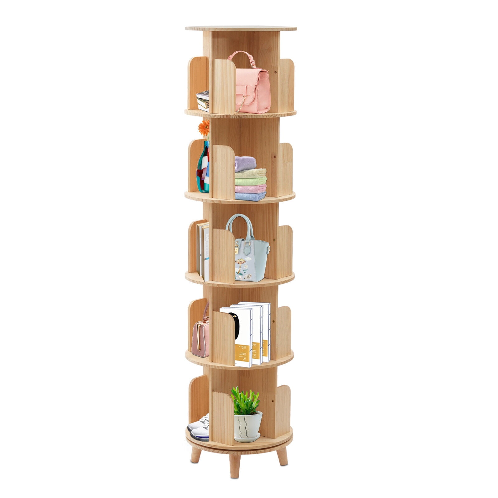Revolving Round Wood Bookcase, 5Tier Freestanding Vertical Pine Wood