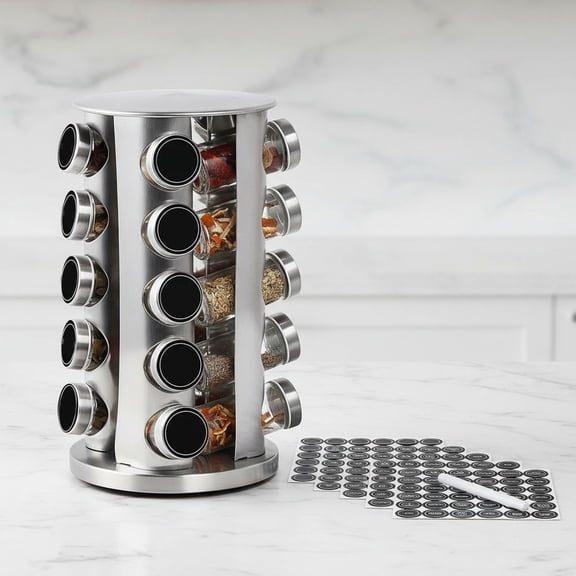 Revolving Spice Rack with 20 Jars, Rotating Spice Rack Organizer, Seasoning Organizer with Labels, Stainless Steel Spice Carousel for Kitchen Countertop, Cabinet