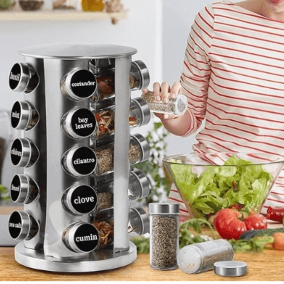 Revolving Spice Rack with 20 Jars, Rotating Spice Rack Organizer, Seasoning Organizer with Labels, Stainless Steel Spice Carousel for Kitchen Countertop, Cabinet
