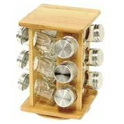 Revolving Spice Rack Holder Seasoning Tower Organizer Bamboo Rotating Carousel Wooden Spinning Cabinet Countertop Glass Jars Stainless Steel Caps
