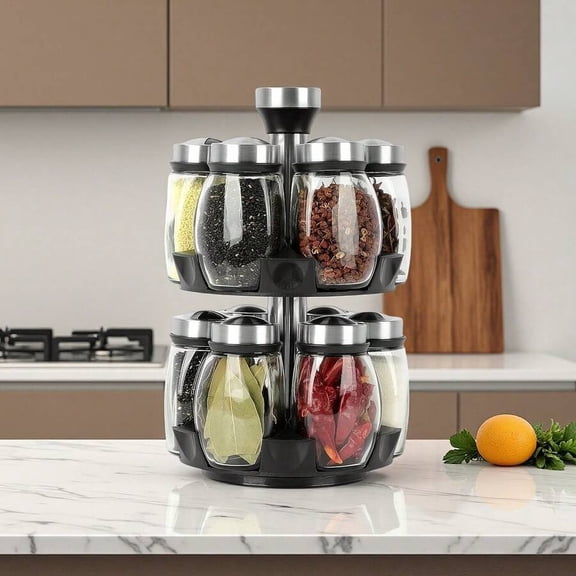 Revolving Spice Rack Organizer for Kitchen Countertop, 12 Glass Spice Jar Bottles Set, Spinning Spice Stand Holder and Herb Organizer for Cabinet Storage and Pantry