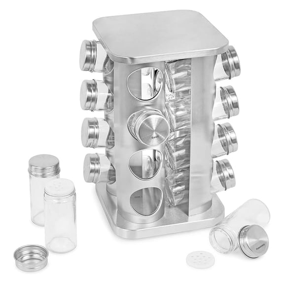 Revolving Spice Rack - Seasoning Storage with 16 Jars - Modern Stainless Steel Spinning Tower for Kitchen Countertop - Rotating Spice and Pantry Holder with Pre-Printed Labels - Sqaure