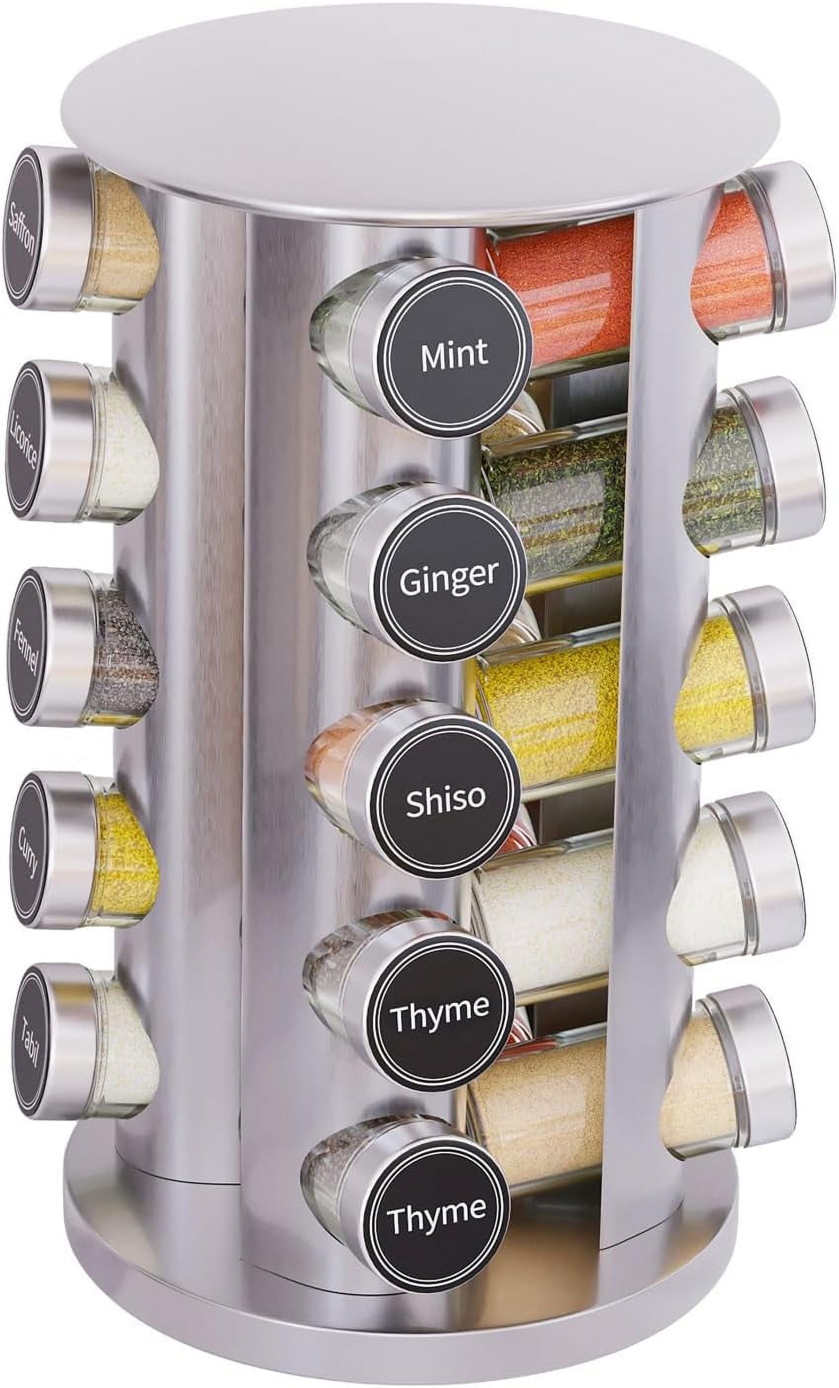 Silver Revolving Spice Rack with 20 Jars and Labels