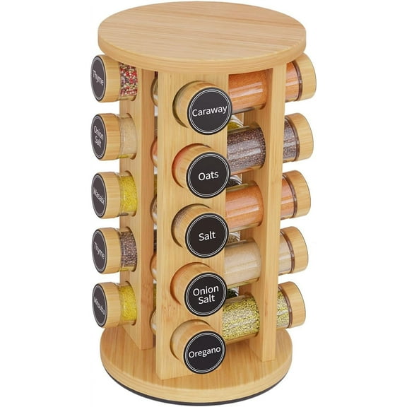 Revolving Spice Rack Set with 20 Spice Jars, Kitchen Spice Tower Organizer for Countertop or Cabinet - Carousel Storage Includes 386 Spice Labels (Bamboo)