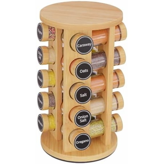 Revolving Spice Rack Set with 20 Spice Jars, Kitchen Spice Tower Organizer for Countertop or Cabinet - Carousel Storage Includes 386 Spice Labels (Bamboo)