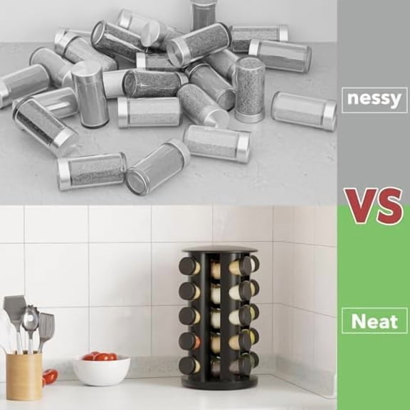 Revolving Spice Rack Set with 20 Spice Jars, Kitchen Spice Tower Organizer for Countertop or Cabinet - Carousel Storage Includes 386 Spice Labels (Black)