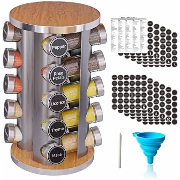 Revolving Spice Rack Set with 20 Spice Jars, Kitchen Spice Tower Organizer for Countertop or Cabinet -- Carousel Storage Includes 386 Spice Labels -- Desktop Rotating Seasoning Organizer