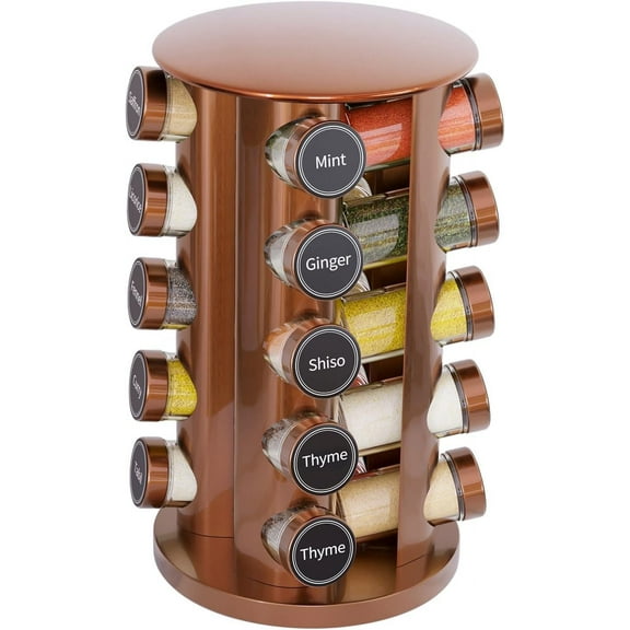 Revolving Spice Rack Set with 20 Spice Jars, Kitchen Spice Tower Organizer for Countertop or Cabinet - Carousel Storage Includes 386 Spice Labels (Gold)