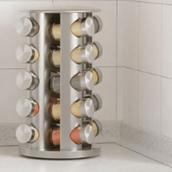 Revolving Spice Rack Set with 20 Spice Jars, Kitchen Spice Tower Organizer for Countertop or Cabinet - Carousel Storage Includes 386 Spice Labels (Silver)
