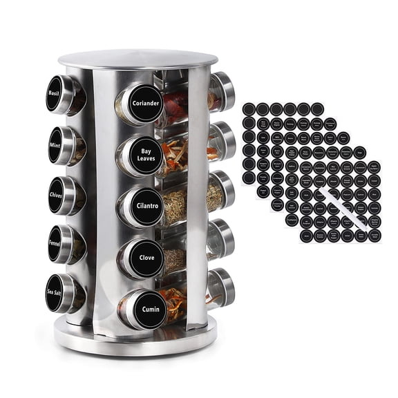 Revolving Spice Rack With 20 Jars Rotating Organizer Seasoning Labels Stainless Steel Carousel For Kitchen Countertop Cabinet