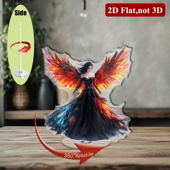 Revolving acrylic display featuring a stunning angel in a black dress with vibrant flame-like wings and a starry gemstone design against a pure white background