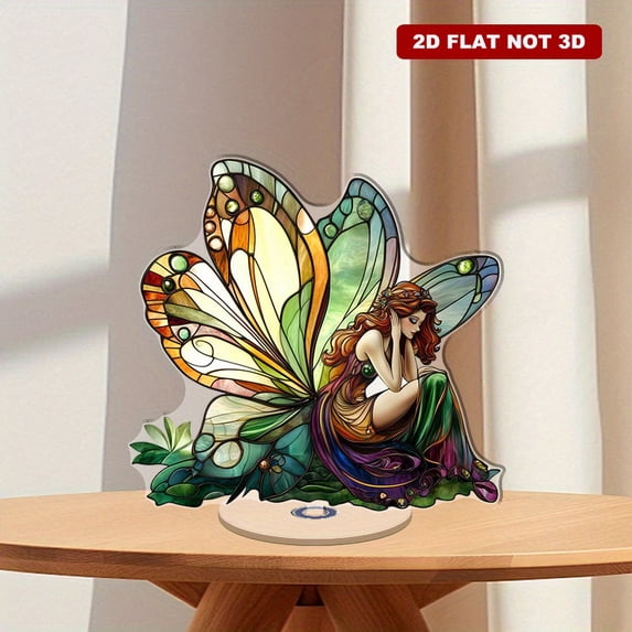 Revolving acrylic ornament featuring a fairy with butterfly wings in stained glass style vibrant colors on a white background with a clean border