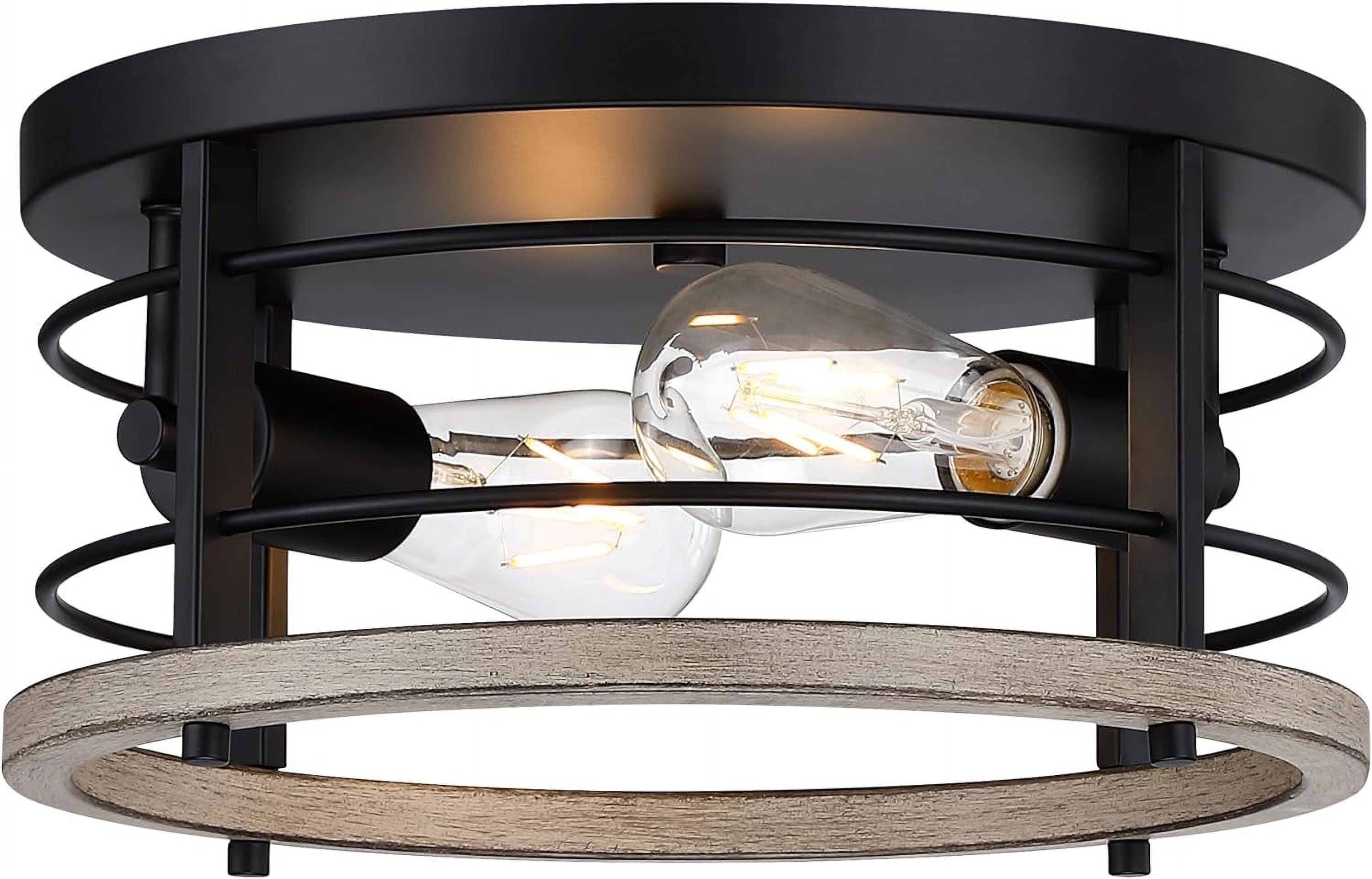 Revtronic 2-Light Flush Mount Ceiling Light Fixture, Farmhouse Light for Kitchen Bedroom, Matte Black and Wood Finish