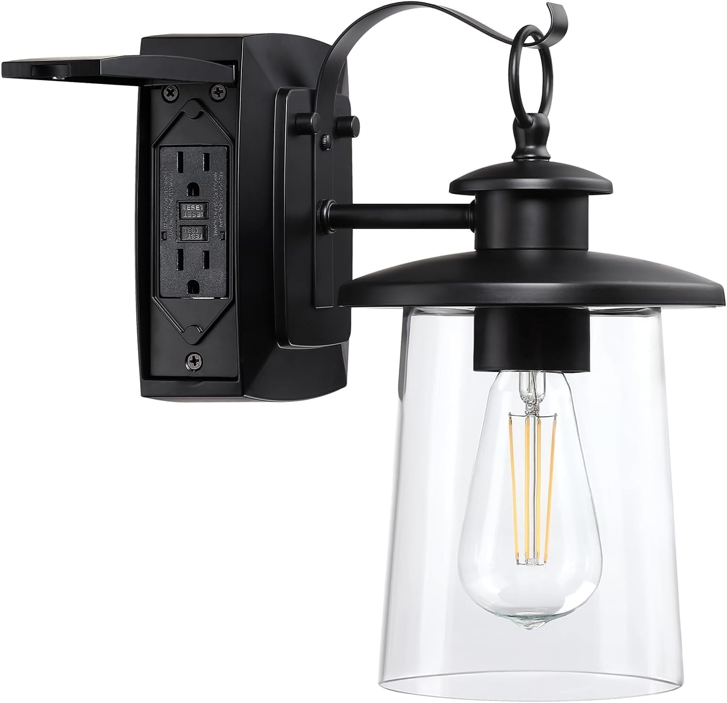 Matte Black Outdoor Lantern Sconce with Clear Glass and GFCI Outlets