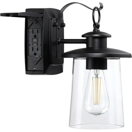 Revtronic Outdoor Wall Light w/ GFCI Outlet, Matte Black Exterior Lighting Fixture for House Patio Garage