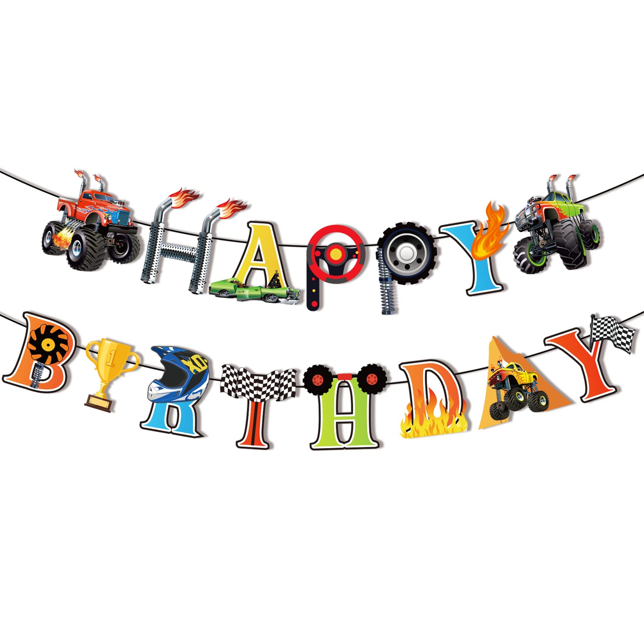 Revved Up Birthday Banner - Monster Truck & Cars Theme Party Decorations for Boys, Happy Birthday Sign & Bunting, Monster Truck Party Supplies