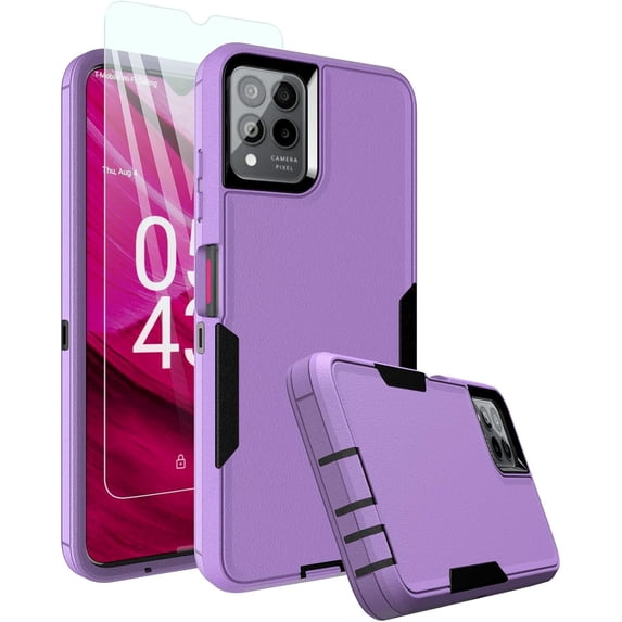 Revvl 6 Pro Case, Revvl 6X Pro Case, with Glass Screen Protector, Dust-Proof Port Cover, Full Body Rubber Protection Phone Case for T-Mobile Revvl 6/6x Pro 5G, Black/Purple