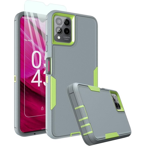 Revvl 6 Pro Case, Revvl 6X Pro Case, with Glass Screen Protector, Dust-Proof Port Cover, Full Body Rubber Protection Phone Case for T-Mobile Revvl 6/6x Pro 5G, Green/Grey