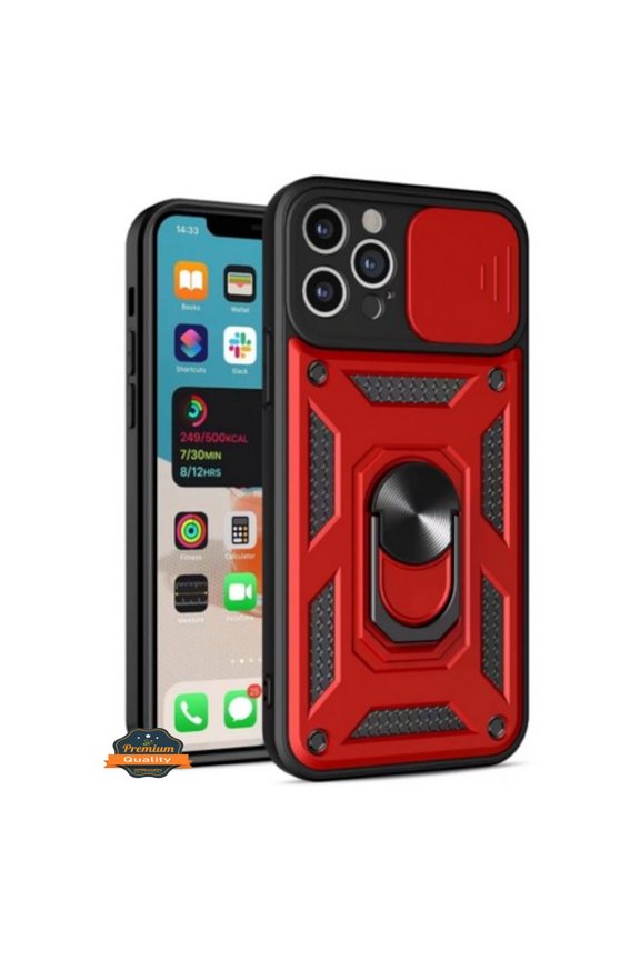 For Revvl 7 Pro 5G (T-Mobile) Built in Sliding Camera Lens Protection & Finger Ring Stand Holder Hybrid PC Shockproof Phone Case Cover by Xpression - Red