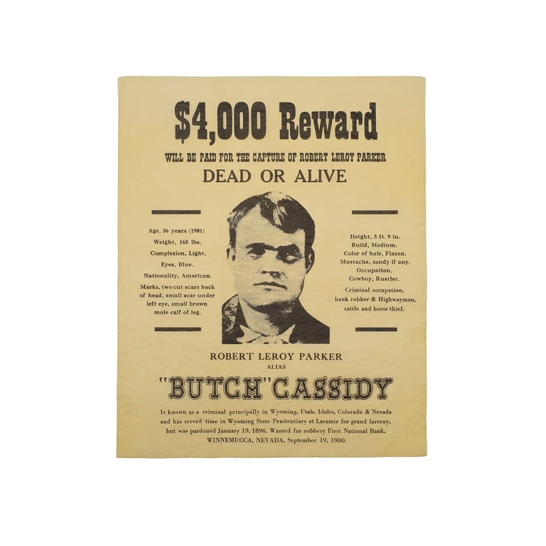 Butch Cassidy Outlaw Reward Poster Western Bar Decor Parchment Paper Wall Art Ad Butch Cassidy Outlaw Reward Poster Western Bar Decor Parchment Paper Wall Art Ad