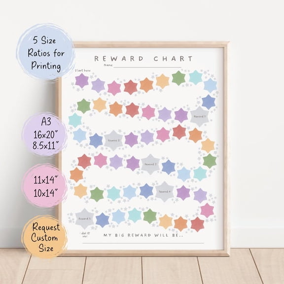 Reward Star Chart Toddlers and , Printable Rainbow Chore Poster,, Unframed Paper Poster 8x10in