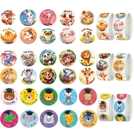 Kywib 3000PCS Reward Stickers for Teachers Classroom, 6 Rolls Cute Animal Motivational Stickers for Students, Homework, Charts and School Supplies