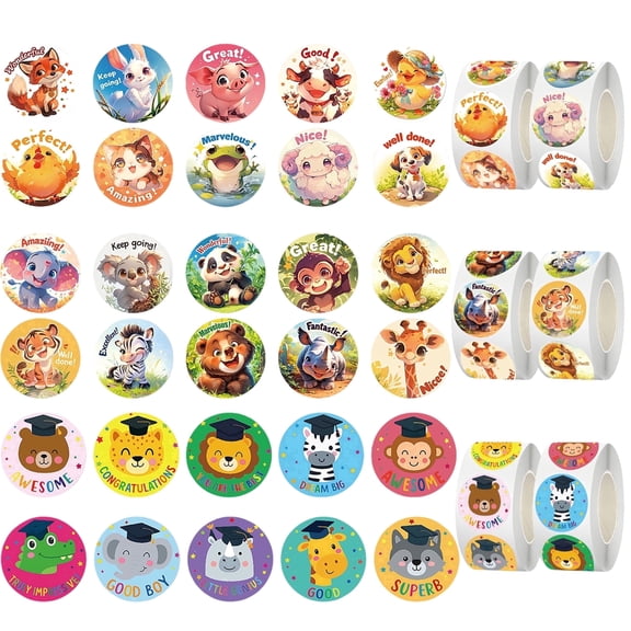 3000PCS Reward Stickers for Teachers Classroom, 6 Rolls Cute Animal Motivational Stickers for Students, Homework, Charts and School Supplies
