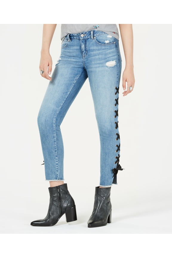 Juniors Lace Up Skinny Jeans Blue 1