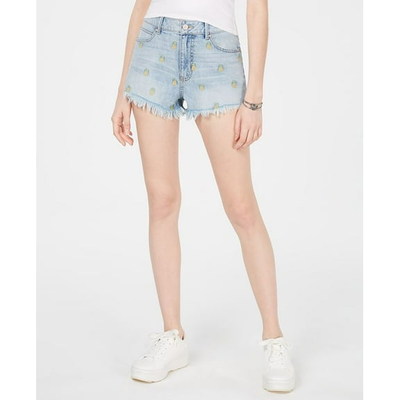 Rewash Juniors Pineapple Embroidered Frayed Denim Shorts Light Blue 7