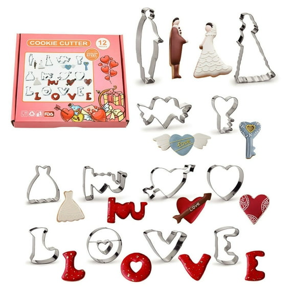 Rewenti 12 Pcs Valentine's Day Cookies Cutters Set Food-Grade Stainless Steel Cookies Cutters Valentines Shapes Heart