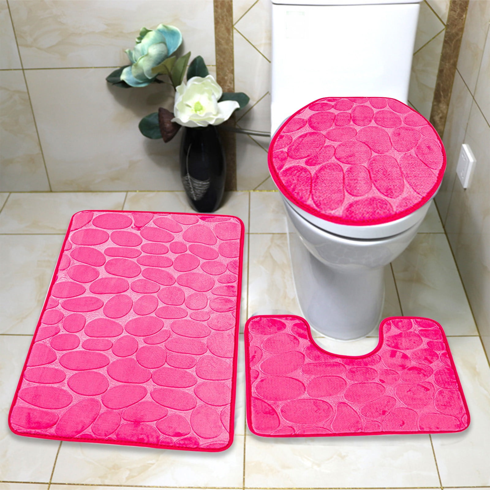 Rewenti 3PC Bathroom Rug Set Solid Soft Non Slip Bathtub Carpet and ...