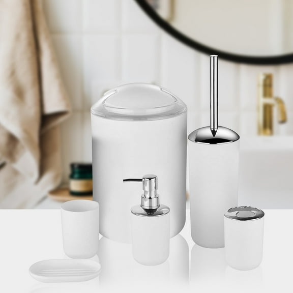 Rewenti 6 Piece Bathroom Accessory Set with Soap Dispenser Pump Toothbrush Holder Toilet Brush Trash Can Tumbler and Soap Dish