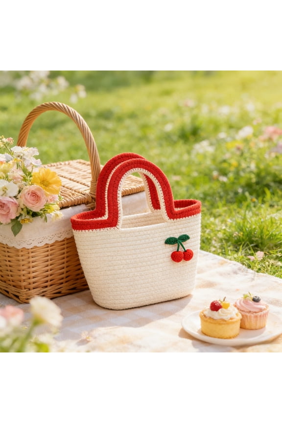 Cherry Print Cotton Rope Tote Bag – 12" Woven Beach & Everyday Handbag