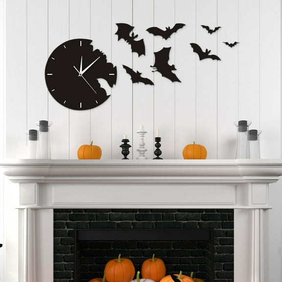 Rewenti Halloween Bats Wall Clock Scary Bats Symbols Home Decor Contemporary Black Wall Clock