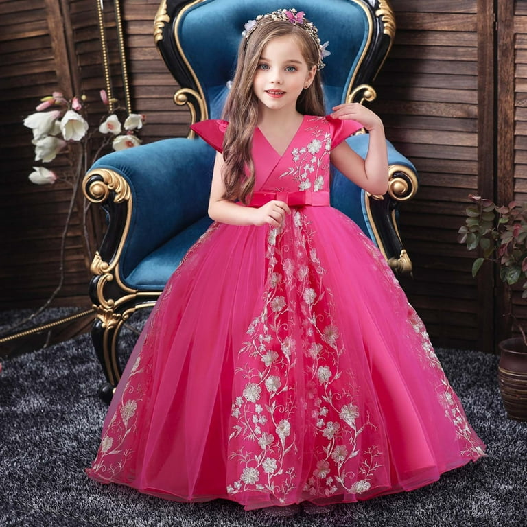Rewenti Kids Dress Girls Sleeveless Princess Dress Bow Tie Lace Flowers  Mesh Dress Tufted Dress Hot Pink 9-10 Years