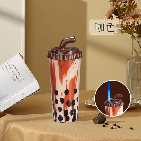 Rewenti Milk Tea Cup Blue Flame Direct Jet Lighter, Creative Simulation Cigarette Lighter, Fashion Gift for Men and Women, Portable Windproof Butane Lighter