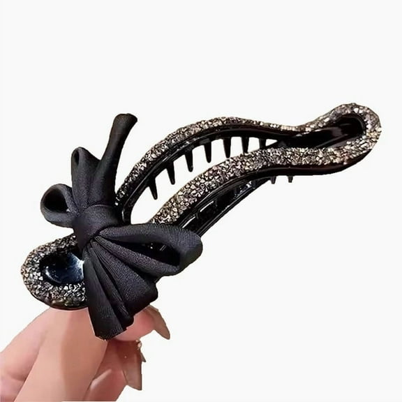 Rewenti Sparkling Elegant Black Bow Hair Clip, Diamond-Studded Duckbill Clip for Updos, Luxury Hair Accessory