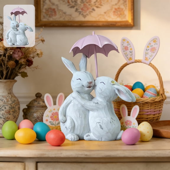 Rewenti Two Rabbits Under One Umbrella Resin Figurine – 7.9" White Romantic Easter & Valentine's Day Decor with Ears for Shelf or Desk (1 Piece)