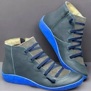 Rewenti Women Casual Flat Leather Retro Lace-Up Boots Side Zipper Plus Shoe Boots Blue 7.538