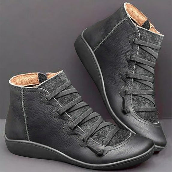 Rewenti Women Casual Flat Leather Retro Lace-Up Boots Side Zipper Plus Shoe Boots Gray 9(41)