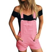 Rewenti Women Loose Denim Bib Hole Pants Overalls Jeans Demin Shorts Jumpsuit Pink L(L)