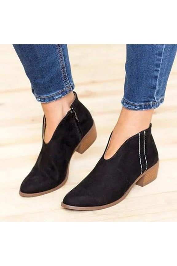 Women Mid Heel Shoes Winter Warm Leopard Fashion Side Zipper Pointed Toe Casual Solid Color Ankle Boots Black 9(42)