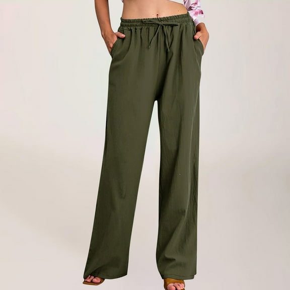 Rewenti Women Pants Summer Women Casual Solid Cotton Linen Drawstring Elastic Waist Long Wide Leg Pants Army Green 8(L)