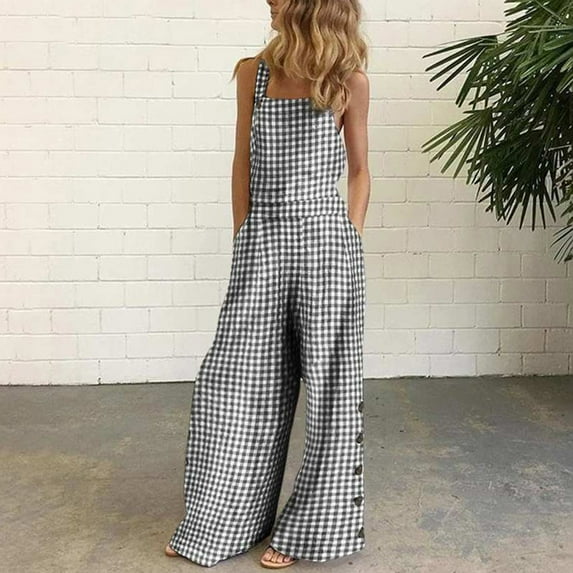 Rewenti Women Plus Size Clearance Women Sleeveless Overalls Jumpsuit Casual Plaid Print Summer Wide Leg Bib Pants Black 14(XXXL)