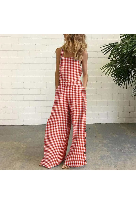 Women Sleeveless Overalls Jumpsuit Casual Plaid Print Summer Wide Leg Bib Pants Red 8(L)