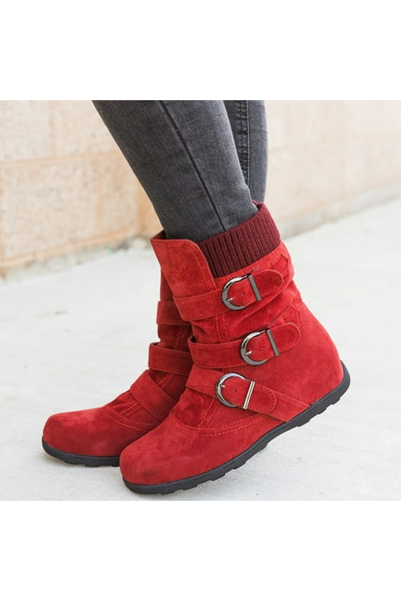 Women Suede Round Toe Zipper Flat Pure Color Buckle Strap Keep Warm Snow Boots Red 8.5(40)