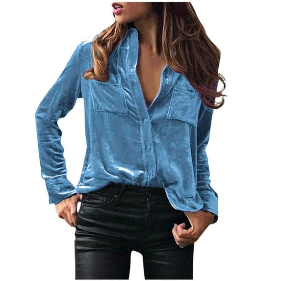 Rewenti Women's Ladies Solid Button Collar Tops Loose Tops Casual T-Shirts Long Sleeve Blouse Blue XXL