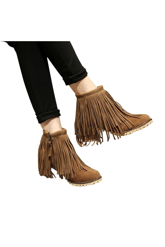 Women's Middle Ankle Boots Tassel Boots Women's Comfortable Low Heel and Bare Thickened Warm Short Boot Beige 8.5(41)