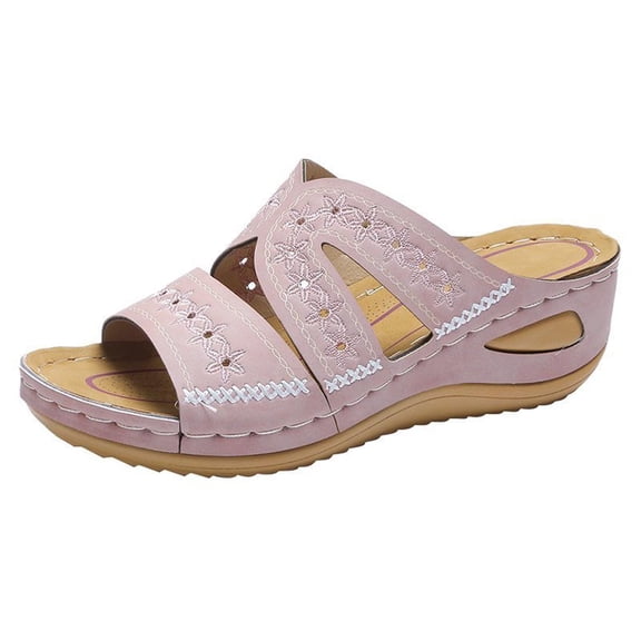 Rewenti Women's Multi-color Embroidered Sandals with Wedge Fish Mouth Platform Shoes Clearance Pink 7.5(40)